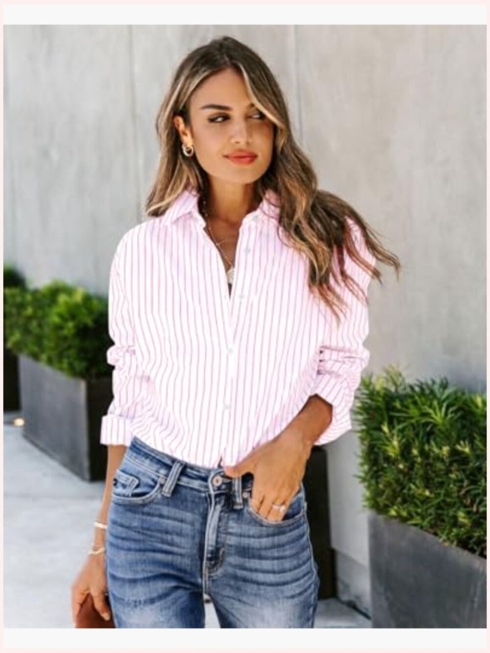 Striped V-Neck Cotton Button Down Long Sleeve Blouse Tunic - Picture 4 of 6